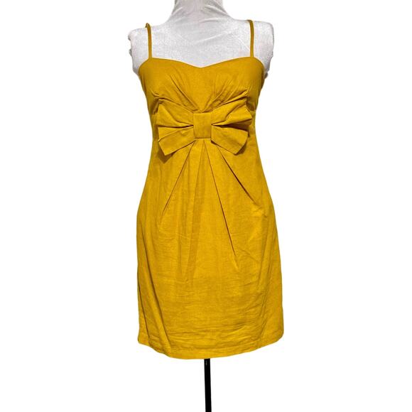 Women’s 100% Linen Bow Front Sundress Small/Medium Mustard Color Spaghetti Strap - Picture 1 of 9